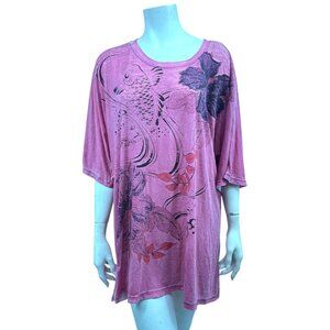 NWT Citron Santa Monica 3.33 Red Asian Koi Fish Floral Graphic Print Tissue Tee